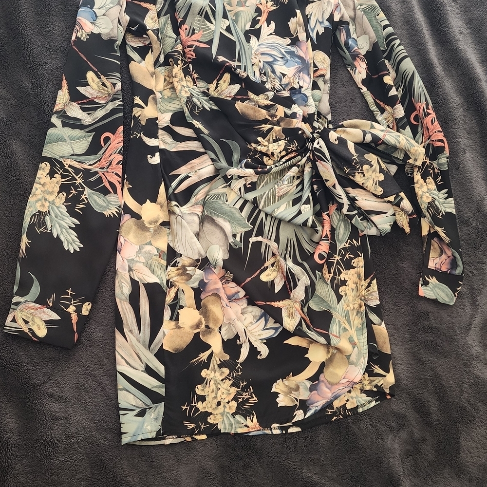 Floral Satin Wrap Dress with Long Sleeves